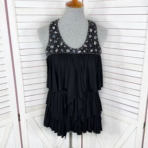 American‎ Rag Y2K Tiered Ruffle Crystal Racerback Tank Top Shirt Black Medium